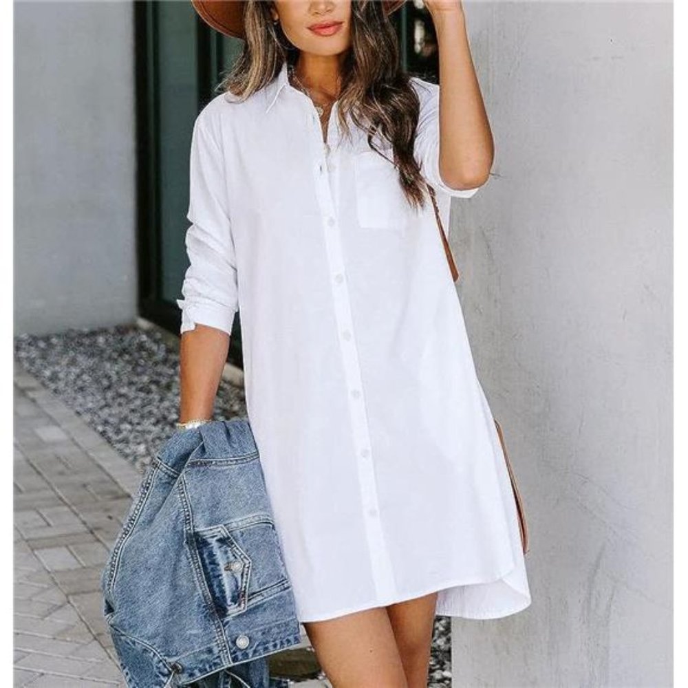 Women's Casual Loose Fit Long Sleeve Solid Striped Button Down Shirt Dress White - Picture 2 of 7